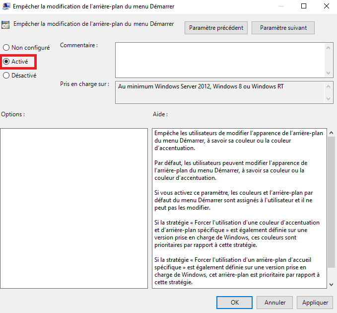 désactiver la modification des paramètres de l'écran de démarrage de Windows 8-3